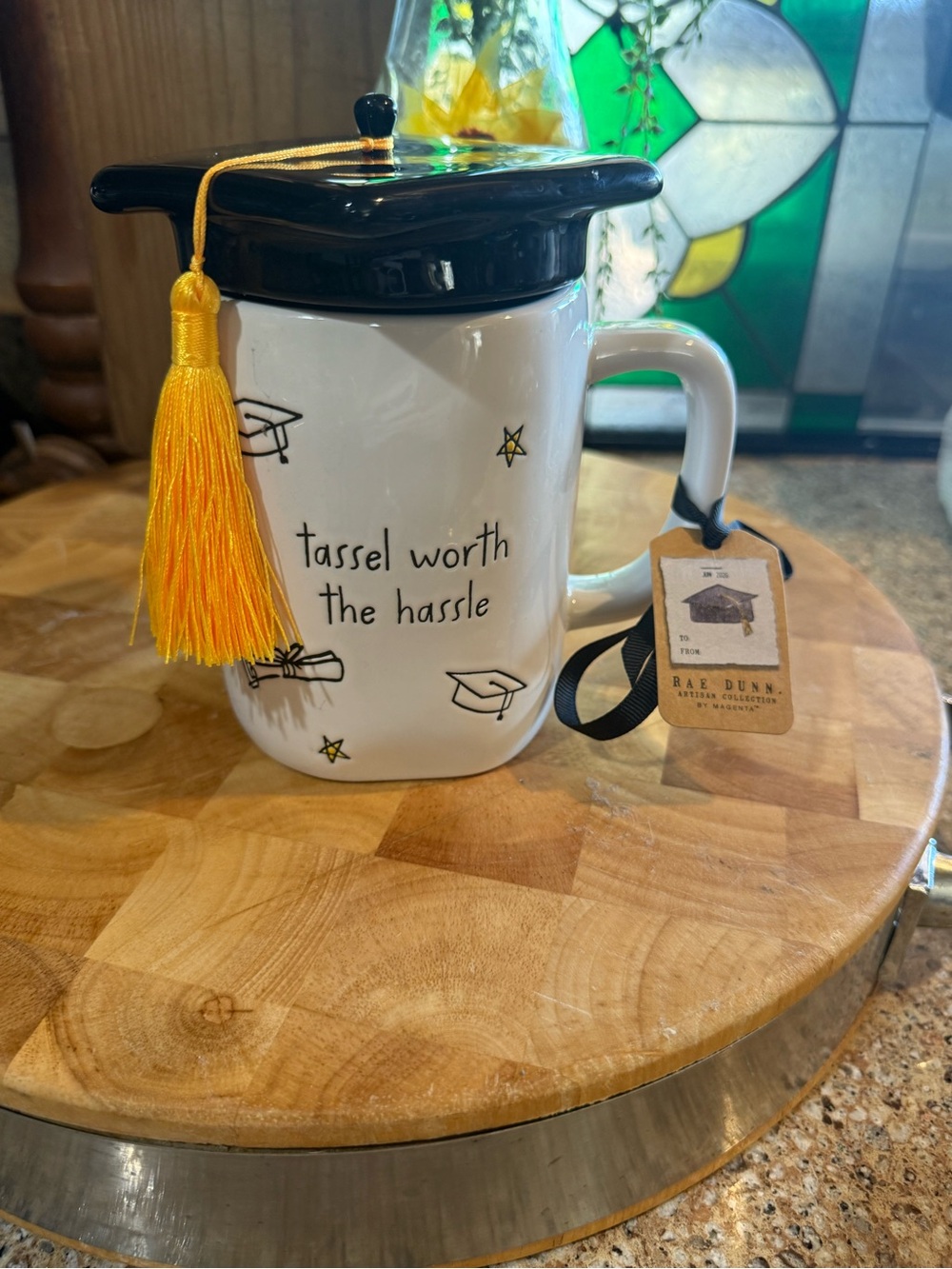 Rae Dunn “Tassel Worth the Hassle” Graduation Mug with Cap Lid & Tassel